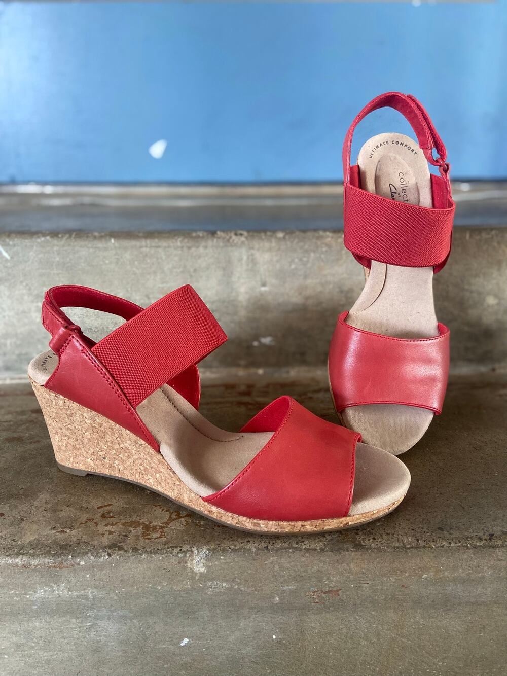 Clarks Lafley Lily red leather cork wrapped wedge sandal